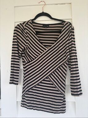 Willi Smith Black and Beige Striped Wrap-Front Long Sleeve Top